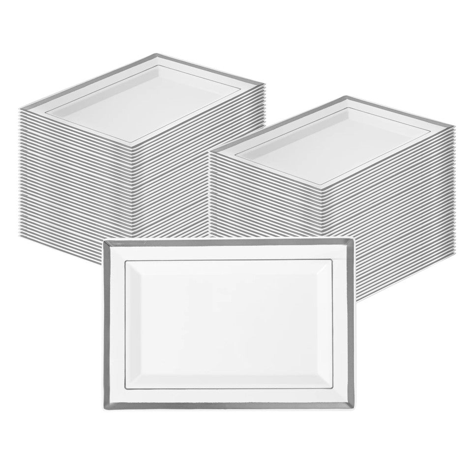 Rectangle White Plastic Silver-Rimmed Plate